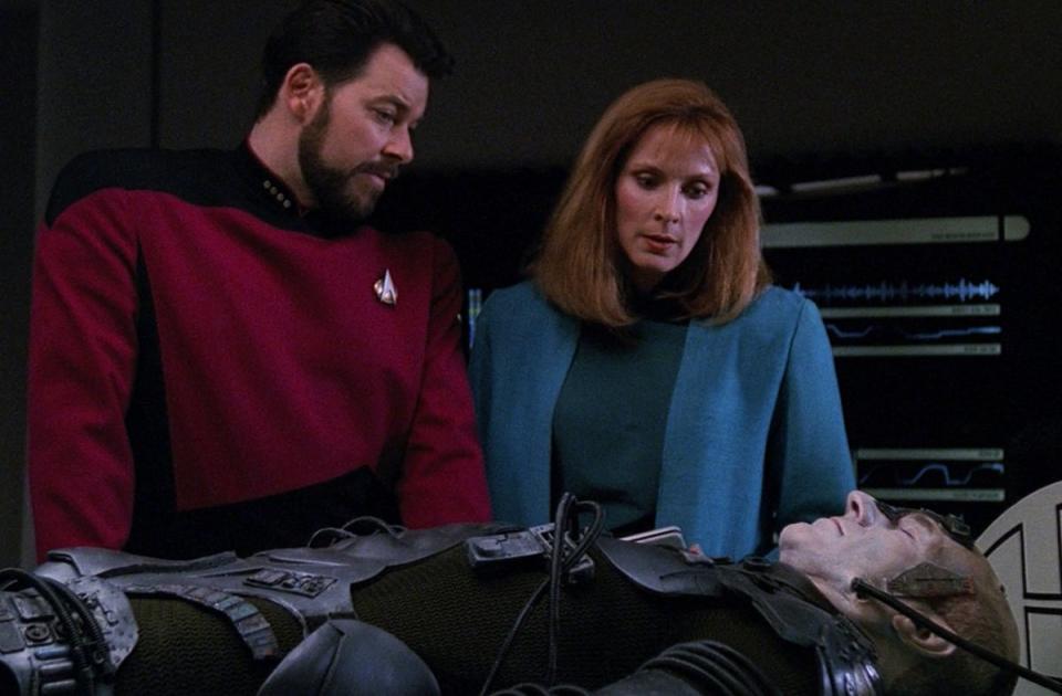 Riker and Crusher examine an unconscious Locutus of Borg in the classic Next Generation episode "The Best of Both Worlds Part II." 