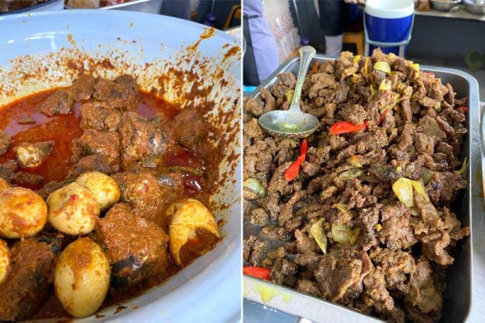 From the counter, you can select the 'gulai ikan aya' from huge enamel bowls (left), If you want a simple 'daging goreng kunyit', this will go well with fluffy white rice (right).