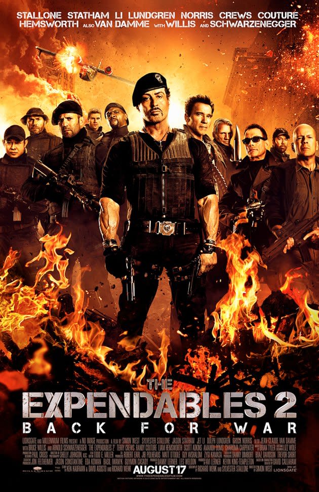 <b>573 Years </b><br>Part of the charm of "The Expendables" franchise is that it's built on action stars of yesteryear -- heck, yester-CENTURY. But <a href="http://movies.yahoo.com/blogs/movie-talk/exclusive-expendables-2-poster-reveals-573-years-action-171816346.html" data-ylk="slk:when we ran the numbers;elm:context_link;itc:0;sec:content-canvas;outcm:mb_qualified_link;_E:mb_qualified_link;ct:story;" class="link  yahoo-link">when we ran the numbers</a> on "The Expendables 2," even we were surprised. The 11 leading men in the sequel have a combined age of 573. To put it in perspective, it was 1439 (A.D.) 573 years ago -- the year kissing was banned in England to prevent the spread of the plague.