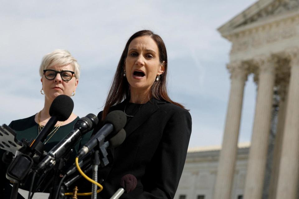 PHOTO: Jessica Ellsworth, lawyer arguing for FDA, speaks with the media outside the U.S. Supreme Court in Washington, March 26, 2024. (Evelyn Hockstein/Reuters)