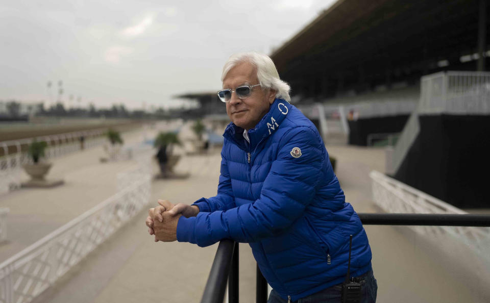 FILE - Trainer Bob Baffert stands for a photo ahead of the Breeders' Cup horse races at Santa Anita in Arcadia, Calif., Oct. 27, 2023. How many times have horses trained by Bob Baffert won the Derby? (AP Photo/Jae C. Hong, File)
