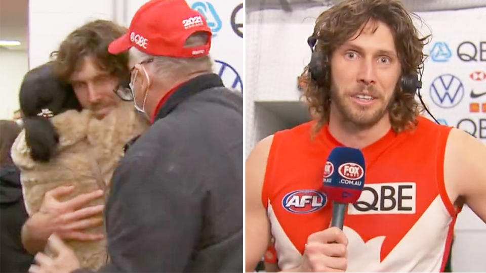 Pictured right, Swans veteran Tom Hickey delivers an emotional message to his family after Sydney's AFL finals victory over Melbourne.