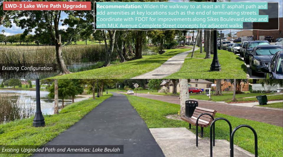 These photos show how Lake Wire's walking path could be improved to look more like Lake Beulah. It is one of 13 priority project in the drafted Downtown West Action Plan assembled by GAI Consultants and the Lakeland Community Redevelopment Agency.