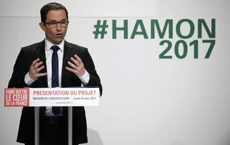 French Socialist party 2017 presidential candidate Benoit Hamon speaks during a news conference to present his election manifesto in Paris, France, March 16, 2017. REUTERS/Gonzalo Fuentes