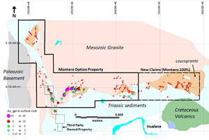 Isabella Property Map showing district geology with Montero property boundaries and the distribution of a fine-grained leucogranite phase along the margins of a larger granite intrusive. The strong spatial association of mapped quartz veins (in red) with the fine-grained leucogranite is indicated.