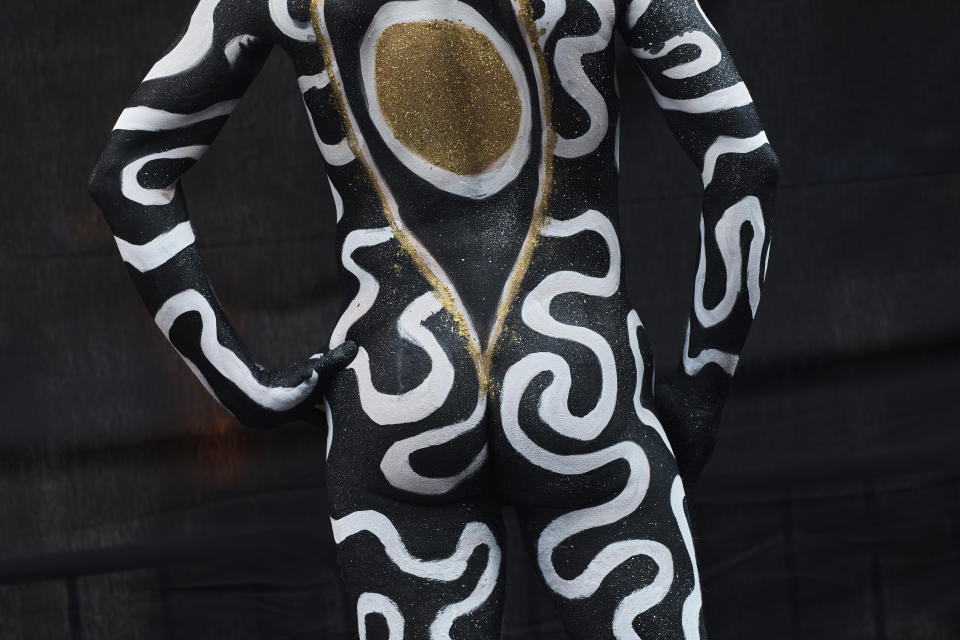 A model painted by an artist poses during Human Connection Arts Annual NYC Bodypainting Day in Union Square Park on Sunday, July 23, 2023, in New York. (AP Photo/Andres Kudacki)