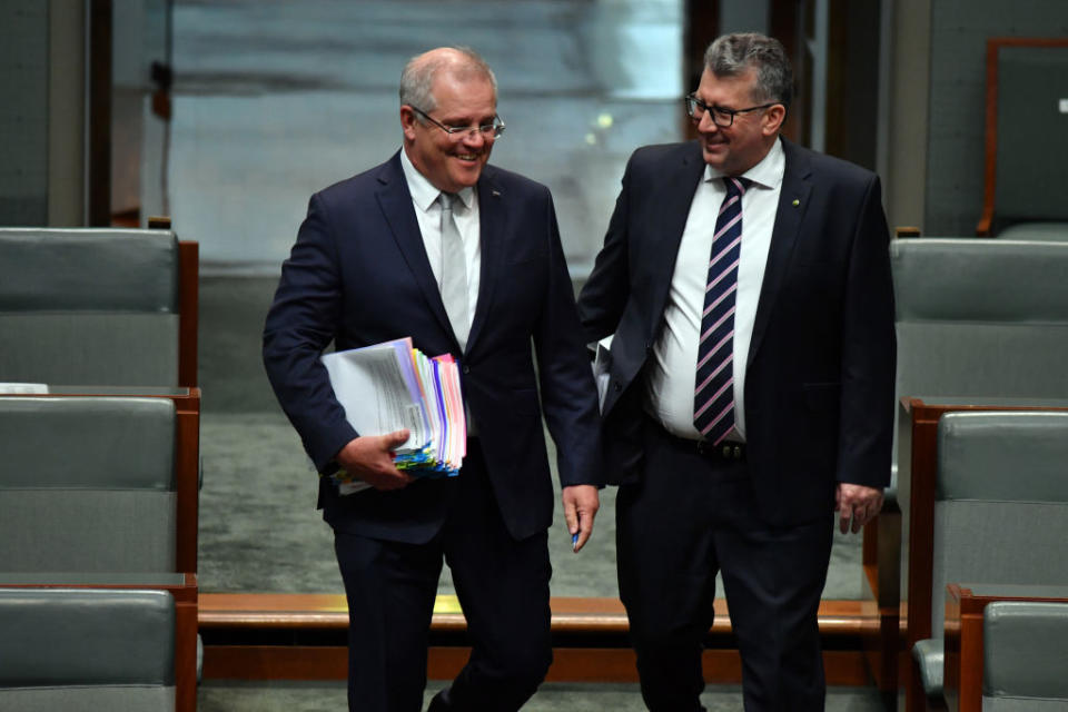 Prime Minister Scott Morrison (left) arrives with Minister for Resources Keith Pitt for Question Time in the House of Representatives at Parliament House.