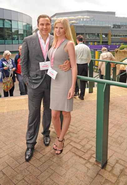 David Walliams and Lara Stone pictured at the Evian Suite at Wimbledon on July 8, 2012 in London, England. (Photo by Alan Chapman/Getty Images)