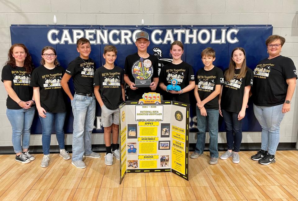 The Carencro Catholic School robotics team placed fourth in the national BETA Robotics Showcase against 40 other schools in Nashville, Tennessee. The team was the only one from a Louisiana school to place in the top 10 in the nation. From left are co-sponsor Sarah White, Sophie White, Karter Deculus, Jack Comeaux, Branson Couvillion, Gracie White, Seth Menard, Gabrielle Fontenot and co-sponsor Carmen Bourque. Not pictured is Addison Martin.
