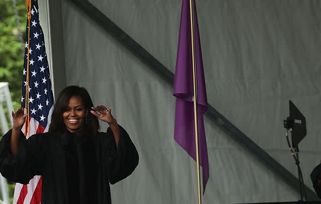 Michelle Obama giving her last Commencement Speech. Photo: Getty