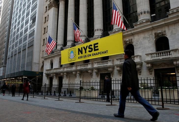 File Photo: The Snapchat logo is seen on a banner outside the New York Stock Exchange (NYSE) in New York City, U.S., November 16, 2016. REUTERS/Brendan McDermid/File Photo