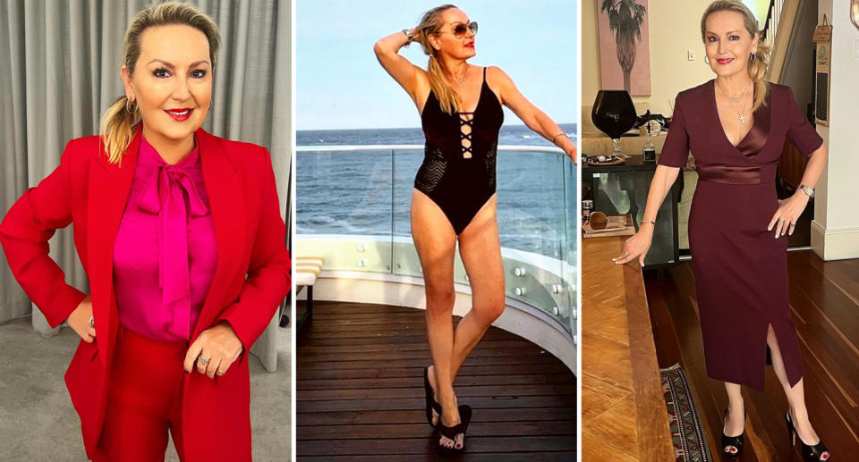 Melissa Hoyer in a red suit (left), black swimsuit (centre) and burgundy dress (right).