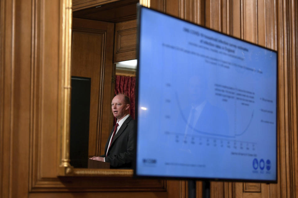 Chief Medical Officer Professor Chris Whittyn is reflected in a mirror, during a coronavirus briefing in Downing Street, London, Monday, Oct. 12, 2020. (Toby Melville/Pool Photo via AP)