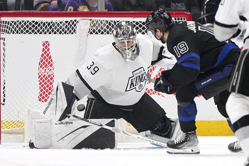 Toronto Maple Leafs center Calle Jarnkrok, right, scores on Los Angeles Kings goaltender Cam Talbot during the second period of an NHL hockey game Tuesday, Jan. 2, 2024, in Los Angeles. (AP Photo/Mark J. Terrill)