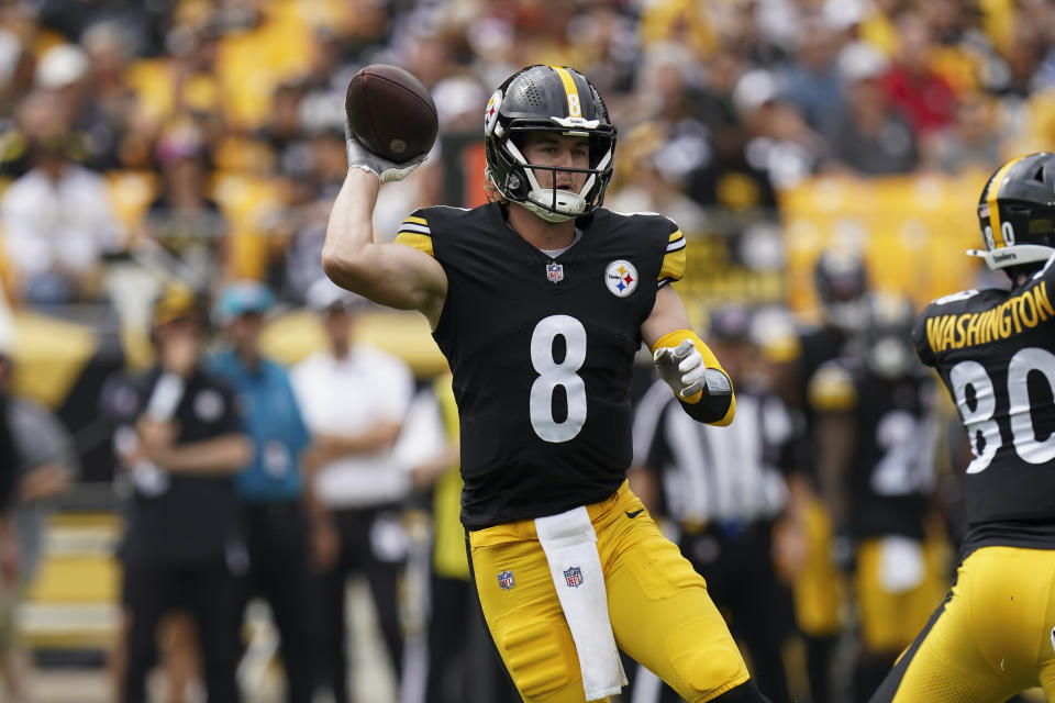Pittsburgh Steelers quarterback Kenny Pickett throws against the San Francisco 49ers during the first half of an NFL football game, Sunday, Sept. 10, 2023, in Pittsburgh. (AP Photo/Matt Freed)