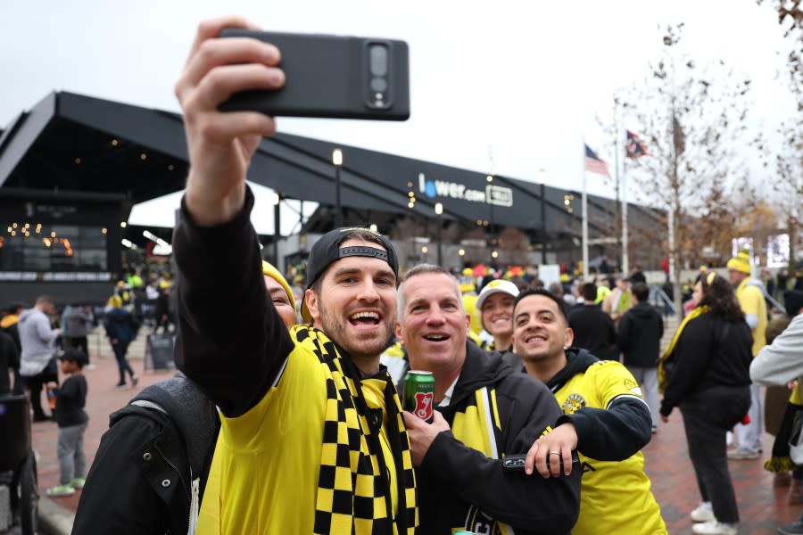 COLUMBUS, OHIO – DECEMBER 09: Fans take a selfie outside the stadium before the 2023 MLS Cup at Lower.com Field on December 09, 2023 in Columbus, Ohio. (Photo by Patrick Smith/Getty Images)