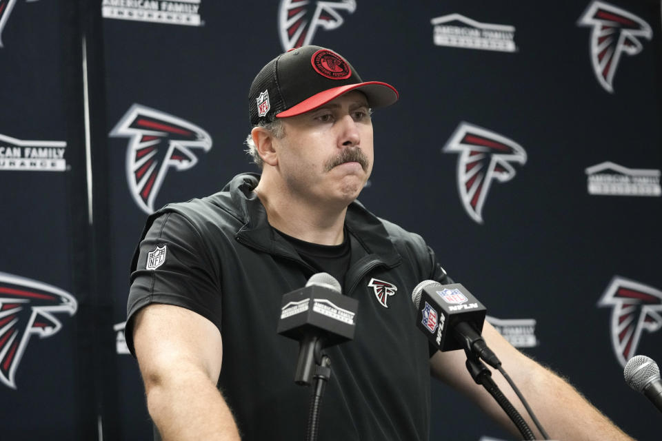 Atlanta Falcons head coach Arthur Smith talks after an NFL football game against the Detroit Lions in Detroit, Sunday, Sept. 24, 2023. (AP Photo/Paul Sancya)