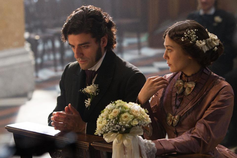 This photo released by Roadside Attractions shows Oscar Isaac, left, as Laurent LeClaire, and Elizabeth Olsen, as Therese Raquin, in director and screenwriter, Charlie Stratton's film, "In Secret." The story is based on Emile Zola's novel, "Therese Raquin." (AP Photo/Roadside Attractions, Phil Bray)
