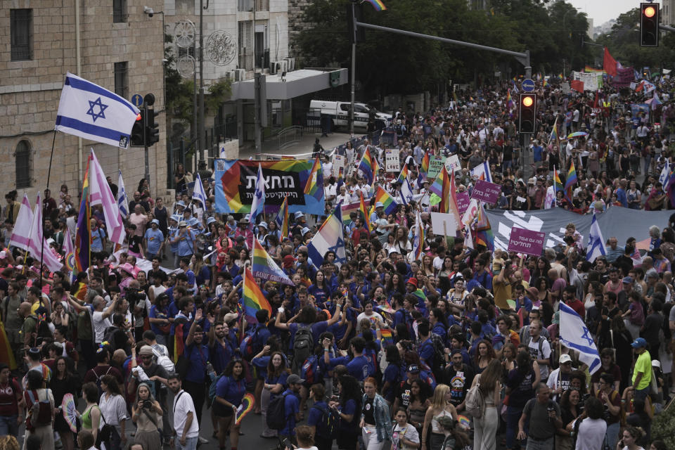 Participants march in the annual Pride parade in Jerusalem, Thursday, June 1, 2023. (AP Photo/Mahmoud Illean)