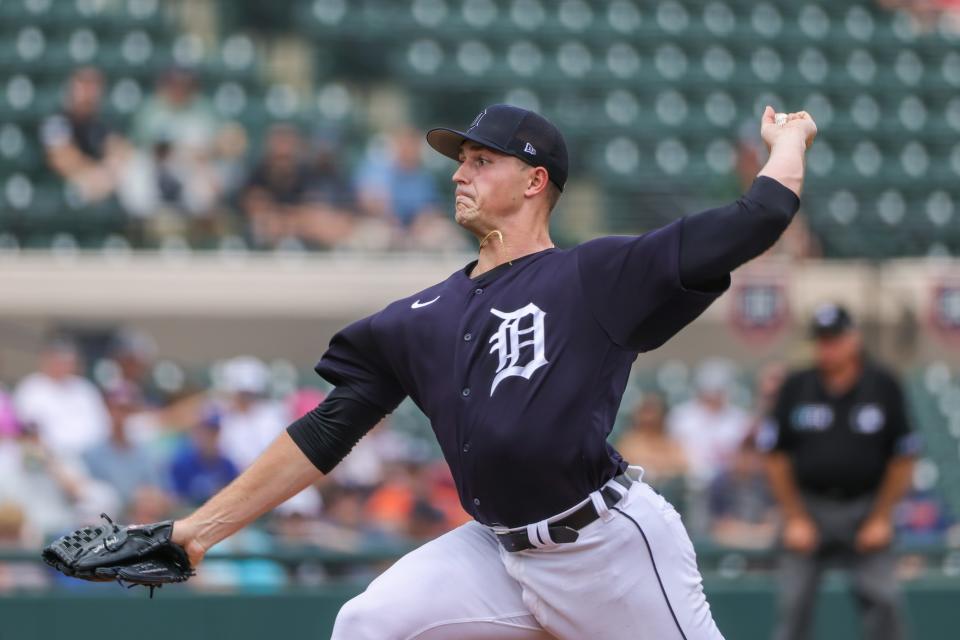 Tigers starting pitcher Tarik Skubal throws a pitch during the first inning against the Blue Jays during spring training Arpil 4, 2022 at Publix Field at Joker Marchant Stadium.