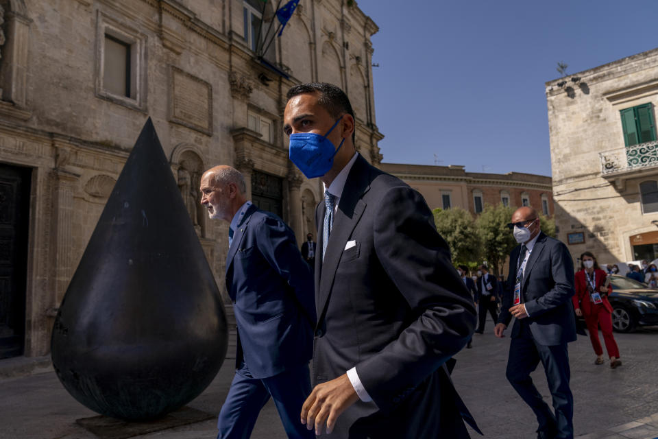 Italy's Foreign Minister Luigi Di Maio arrives at a G20 foreign ministers meeting in Matera, Italy, Tuesday, June 29, 2021. Blinken is on a week long trip in Europe traveling to Germany, France and Italy. (AP Photo/Andrew Harnik, Pool)