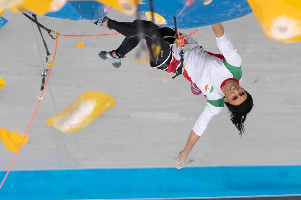 Iranian athlete Elnaz Rekabi competes during the women's Boulder & Lead final during the IFSC Climbing Asian Championships, in Seoul, Sunday, Oct. 16, 2022.