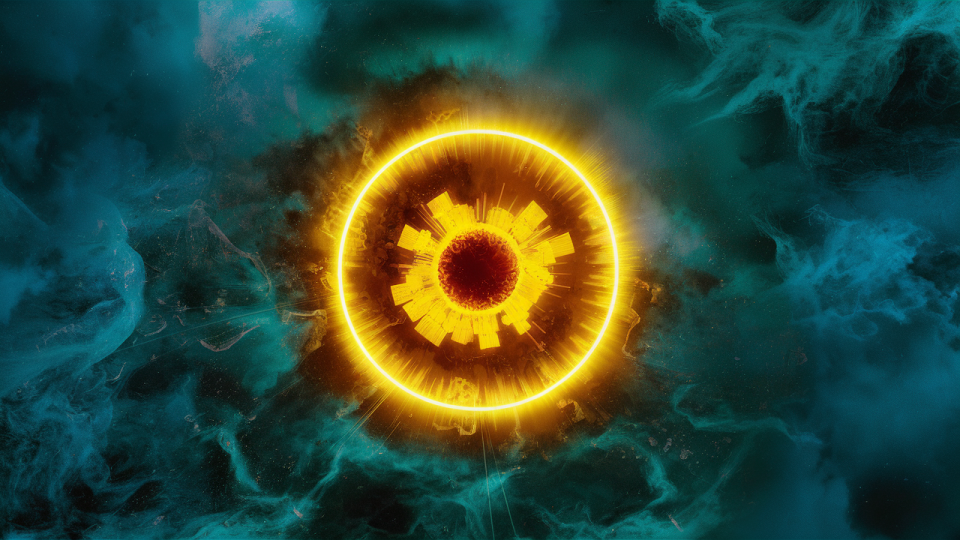 Ideogram image depicting a bright yellow sun-like object surrounded by swirling myst