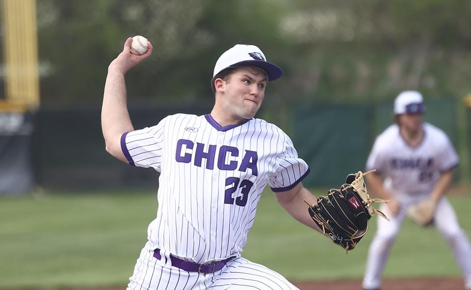 CHCA's starting pitcher Colin Ames (23) throws a pitch during their baseball game against Cincinnati Country Day  Tuesday, April 12, 2022.