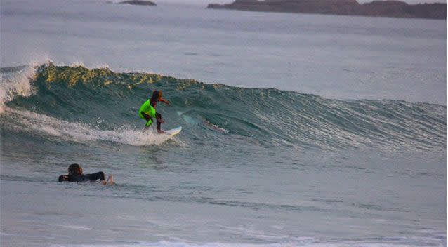 Chris was surfing at Samauri Beach, Port Stephens with mates and his sister Olivia, with the great white just metres away. Picture: Chris Hasson/Facebook