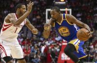 Jan 20, 2017; Houston, TX, USA; Golden State Warriors forward Kevin Durant (35) dribbles the ball as Houston Rockets forward Trevor Ariza (1) defends during the third quarter at Toyota Center. Mandatory Credit: Troy Taormina-USA TODAY Sports