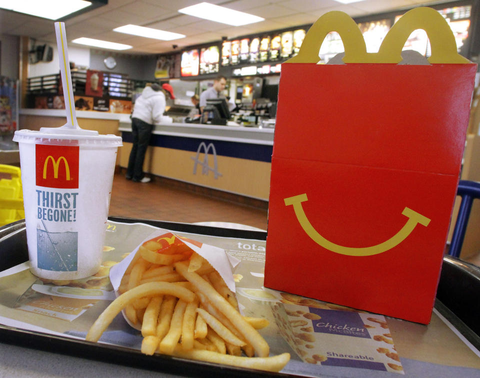 File photo shows a Happy Meal with french fries and a drink at a McDonald's. 