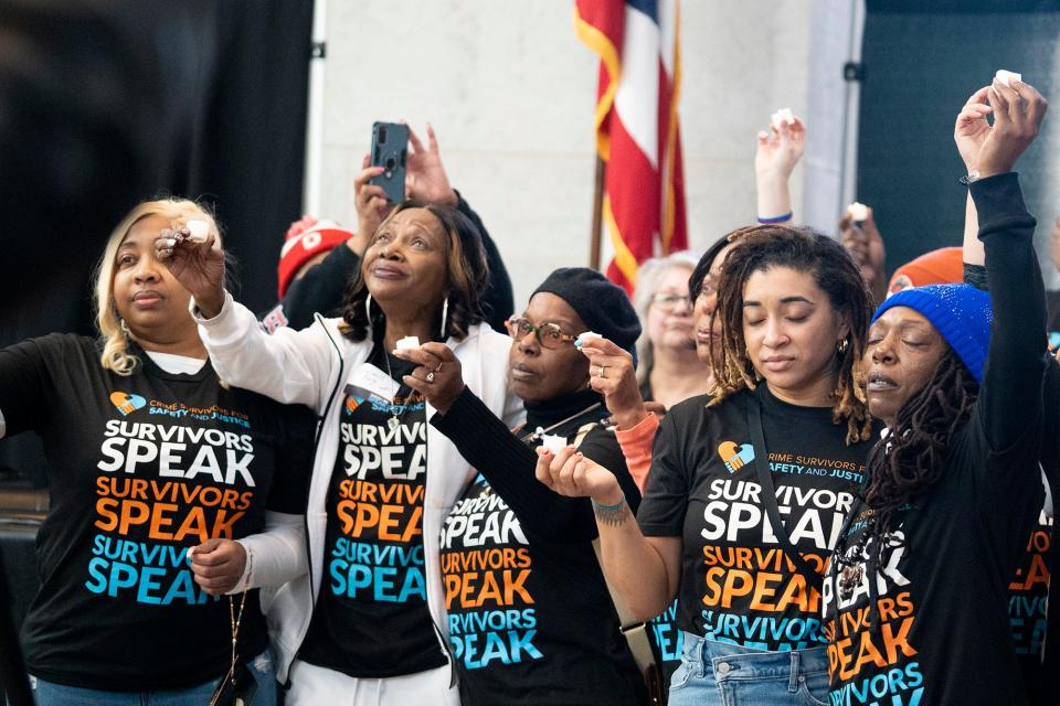 A crowd of about 150 crime survivors and families of crime victims gathered at the Ohio Statehouse Wednesday to call upon state lawmakers to expand housing and employment protections for crime survivors and pass other reforms to improve public safety in Ohio.