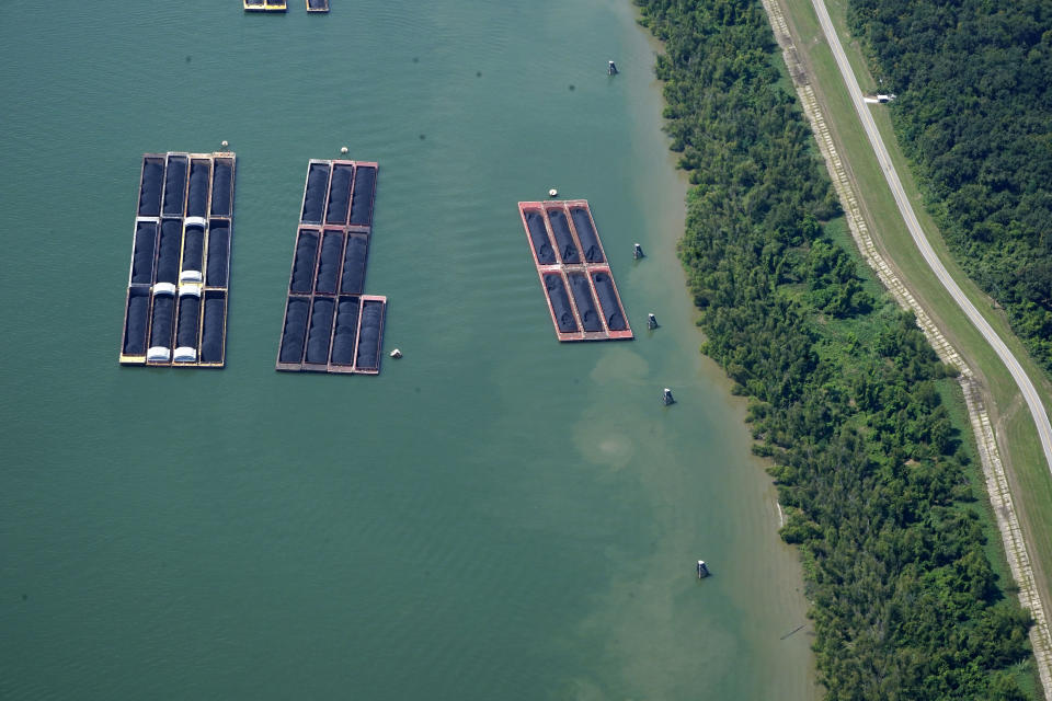 An aerial view of the barges engineers are using to build the underwater sill.