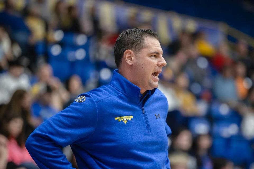Former Morehead State head coach Preston Spradlin talks to his players during a game against Southeast Missouri State in Morehead on Feb. 29. Spradlin took the Eagles to the 2021 and 2024 NCAA tournaments.