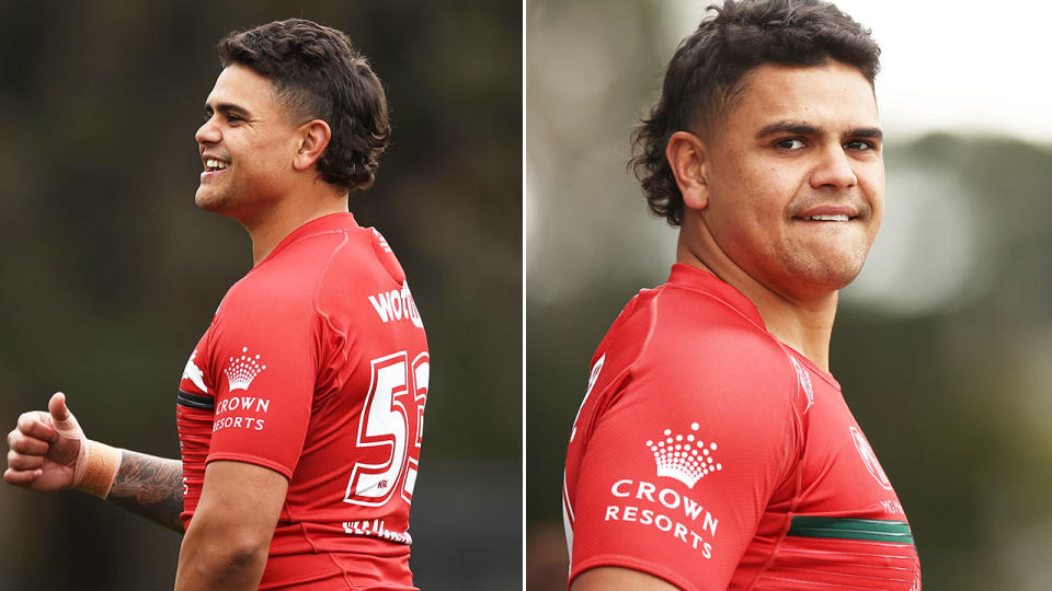 Pictured here, Latrell Mitchell looks on in a training session with the Rabbitohs. 