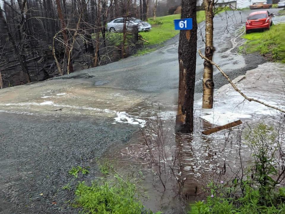 Peter Dominey's driveway and culvert is seen flooding in July 2023