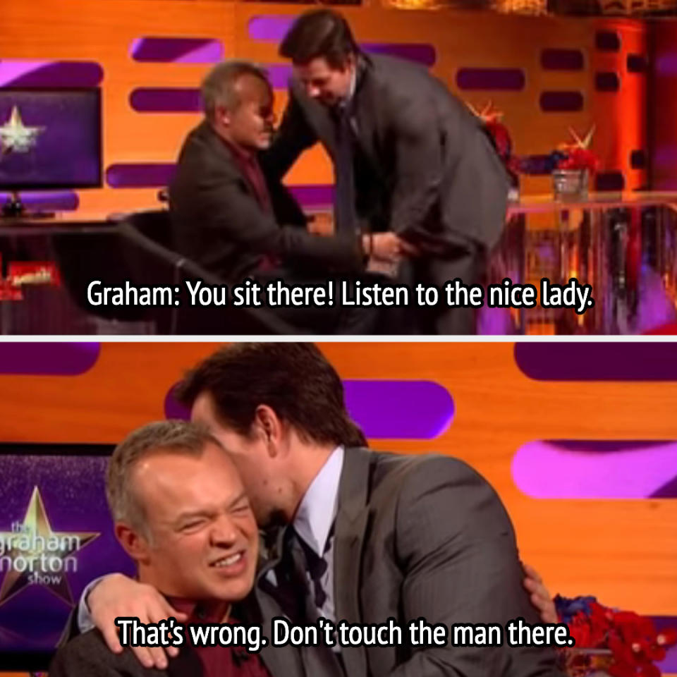 Graham: "You sit there! Listen to the nice lady" and "That's wrong; don't touch the man there" as Mark sits in his lap