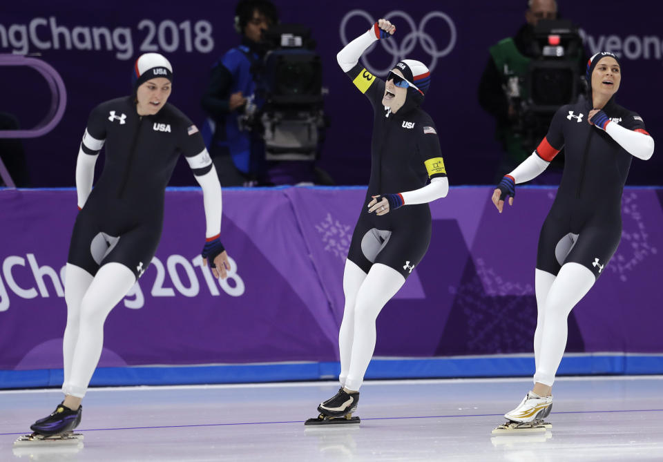 <p>Team U.S.A. with Heather Bergsma, left, Brittany Bowe, right, and Mia Manganello center, celebrates after the quarterfinals of the women’s team pursuit speedskating race at the Gangneung Oval at the 2018 Winter Olympics in Gangneung, South Korea, Monday, Feb. 19, 2018. (AP Photo/Petr David Josek) </p>