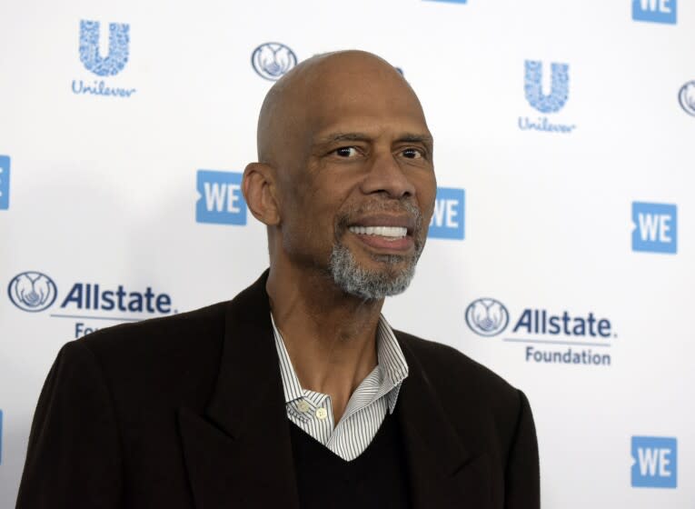 FILE - Kareem Abdul-Jabbar arrives at WE Day California at The Forum on Thursday, April 25, 2019, in Inglewood, Calif. Kareem Abdul-Jabbar appreciates what today's NBA players are doing in their attempts to make the world better, how they're using their voices and platforms as conduits for change. The NBA announced Thursday, May 13, 2021 the creation of a new award — the Kareem Abdul-Jabbar Social Justice Champion Award — to recognize players who are making strides in the fight for social justice.(Photo by Richard Shotwell/Invision/AP, File)
