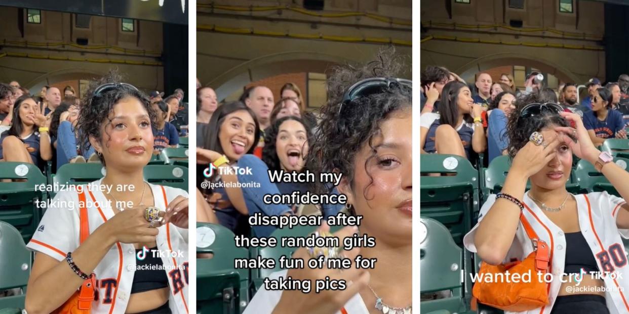 Two women sitting behind a TikToker pulling faces at her camera.