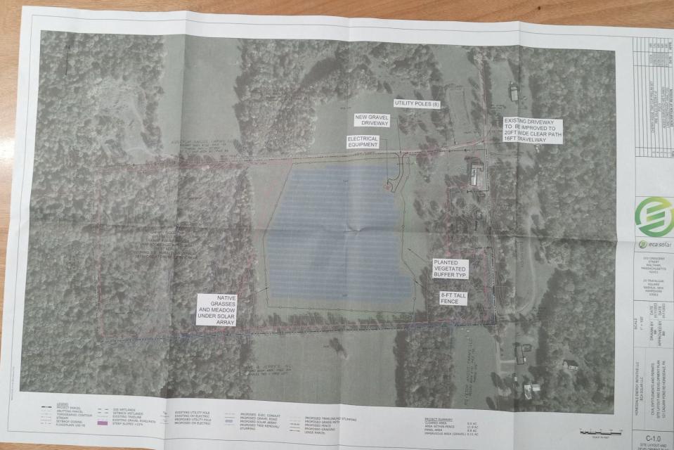 This overhead view provided by Honesdale Energy Initiative, LLC, and ECA Solar to Cherry Ridge Township, Wayne County, shows the planned site of the 11-acre, 3-megawatt commercial solar farm off Cadjaw Pond Road. The roadway runs from top to bottom at right, immediately right of the barn, visible here a white rectangle.