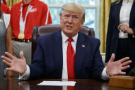 President Donald Trump speaks during a photo opportunity with members of the 2019 U.S. Special Olympics athletes and staff, in the Oval Office of the White House, Thursday, July 18, 2019, in Washington. (AP Photo/Alex Brandon)