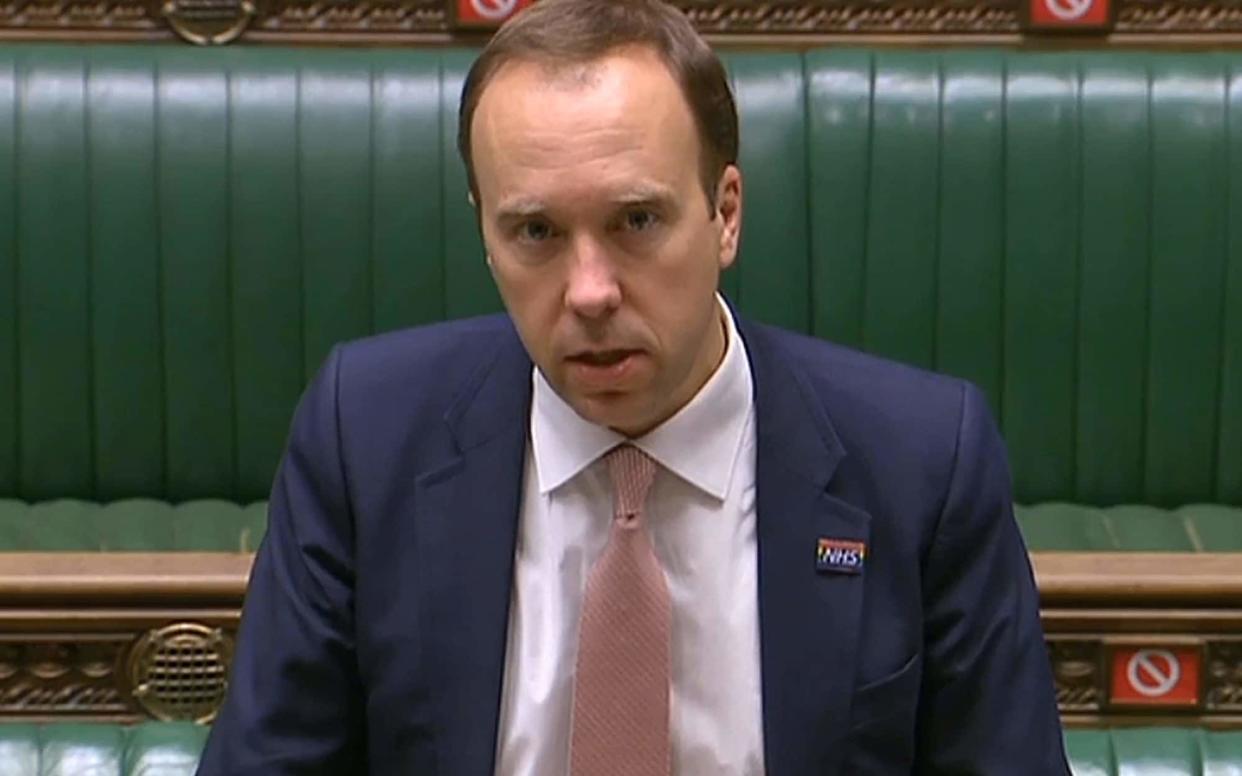 A video grab from footage broadcast by the UK Parliament's Parliamentary Recording Unit (PRU) shows Britain's Health Secretary Matt Hancock making a statement on Covid-19 restrictions in the House of Commons in London on October 15, 2020 - AFP via Getty Images