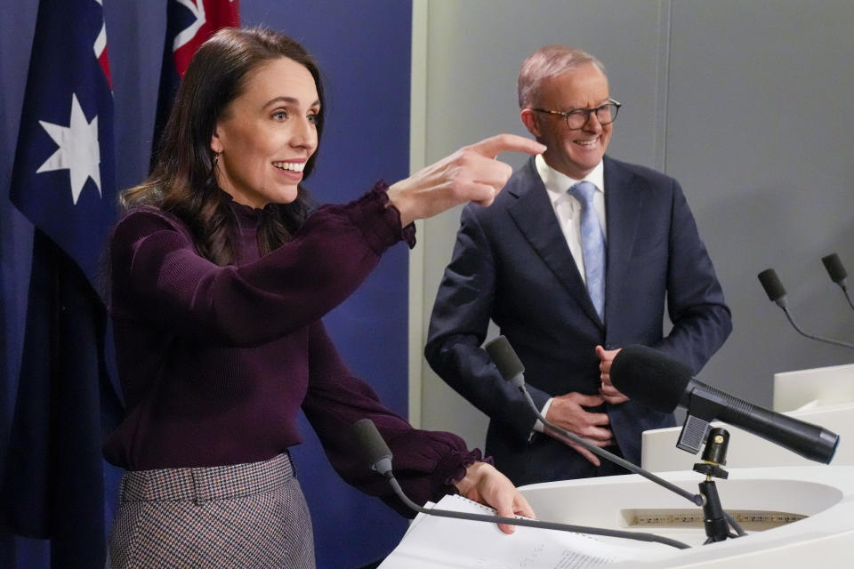 New Zealand Prime Minister Jacinda Ardern, left, gestures with Australian Prime Minister Anthony Albanese during a joint press conference in Sydney, Australia, Friday, June 10, 2022. Ardern is on a two-day visit to Australia. (AP Photo/Mark Baker)