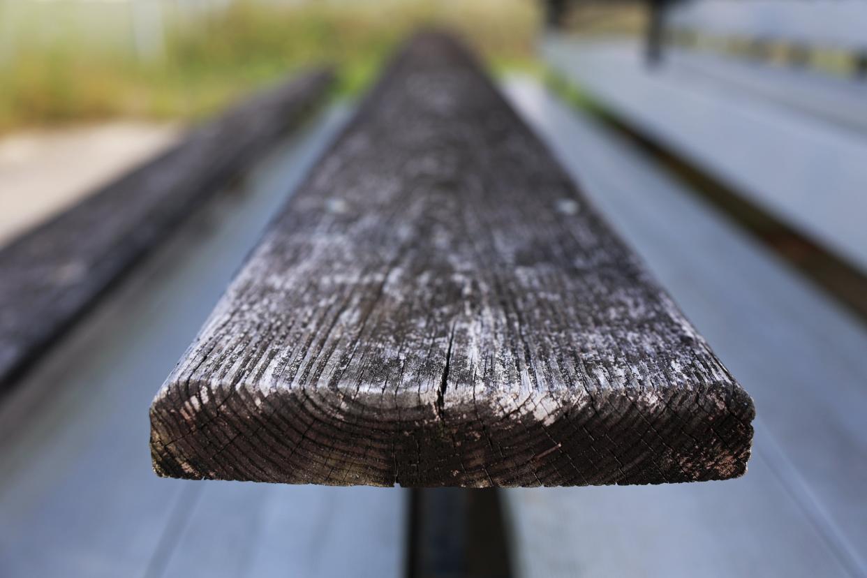 Dilapidated bleachers at Jean Ribault High School in Jacksonville, Fla. This is the first Duval high school being built with money from a sales tax that voters approved in 2020 to improve school system buildings and equipment.