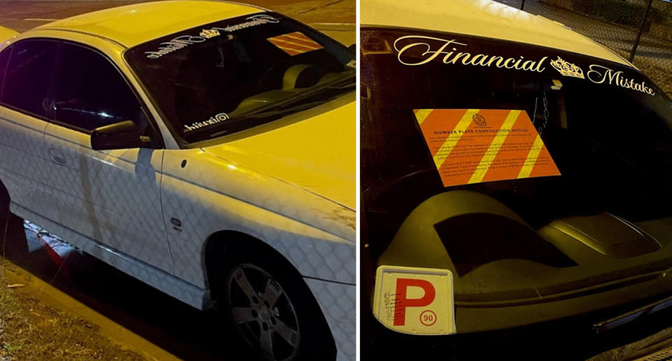 Left, the car pulled over by the police. Right, the ironic window sticker reads 'Financial mistake'. 