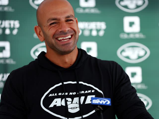 <p>Rich Schultz/Getty</p> Robert Saleh speaks after training camp at Atlantic Health Jets Training Center on August 1, 2022/