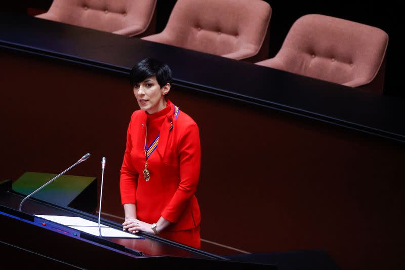 The Speaker of the Chamber of the Deputies of Czech Republic Marketa Pekarova Adamova makes a speech at the Parliament in Taipei