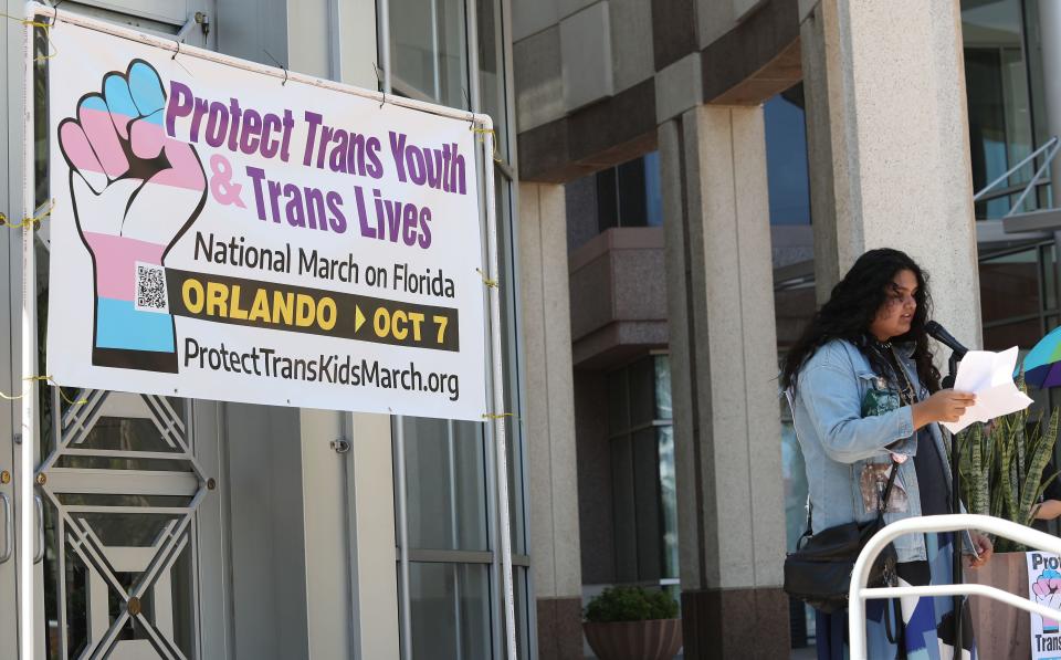 Samira Burnside, 17, from Tampa addresses the crowd during the National March to Protect Trans Youth Saturday, Oct. 7, 2023, in Orlando.