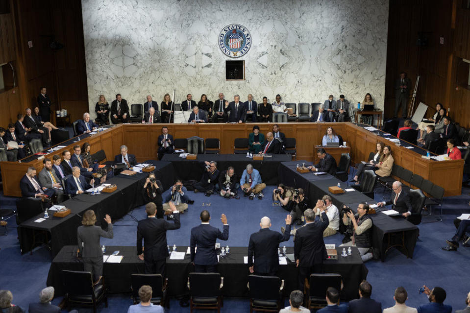 Witnesses are sworn in during a Senate Judiciary Committee hearing in Washington, D.C., on Tuesday, May 2, 2023. / Credit: Tom Brenner/Bloomberg via Getty Images